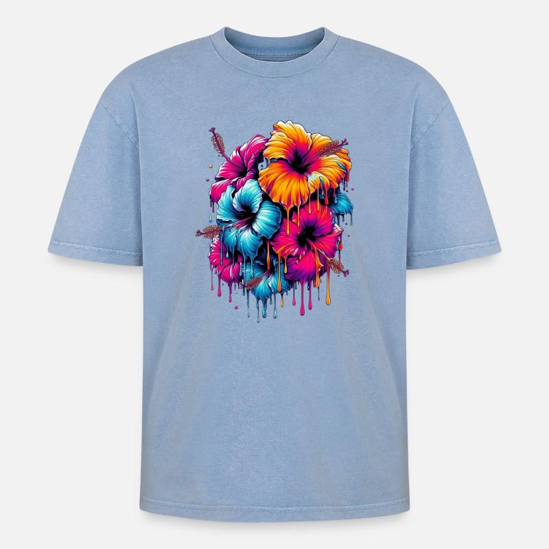 Fleurs d’hibiscus - T-shirt Premium unisexe oversize acid-washed - bleu délavé acide