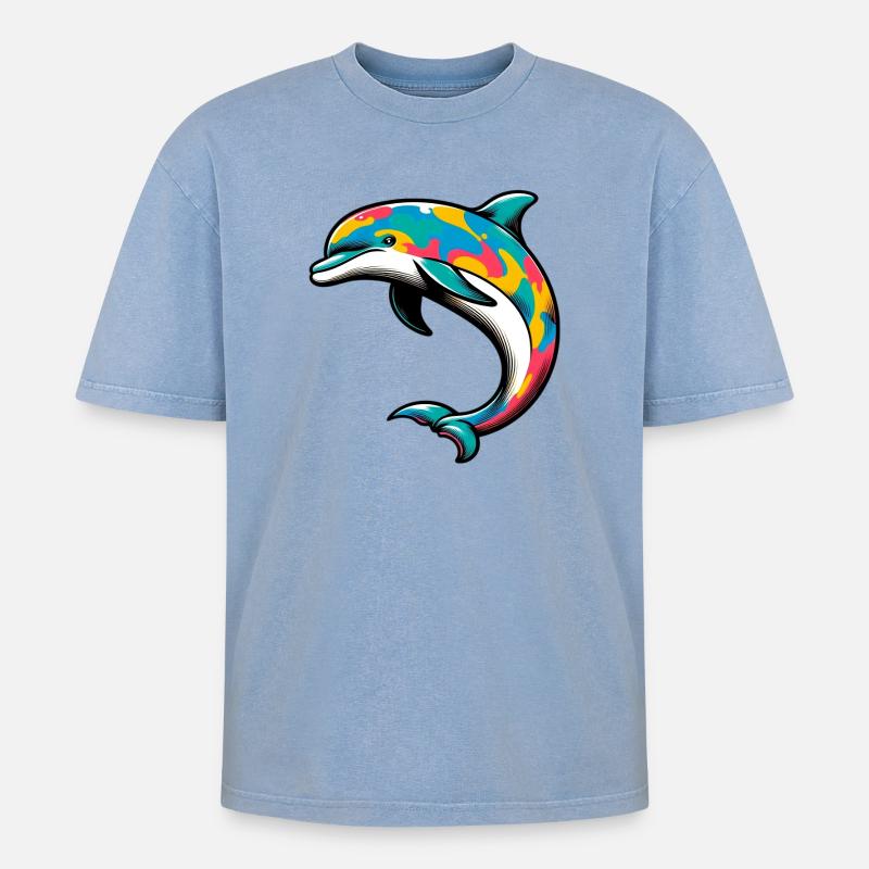 Delfin - Oversized Unisex Premium Acid-Washed T-Shirt - Blau Acid Wash