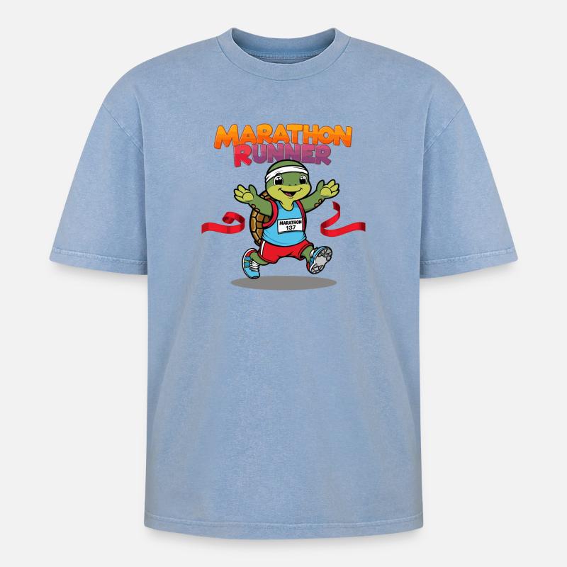 Turtle Marathon Runner - Oversized Unisex Premium Acid-Washed T-Shirt - acid washed blue