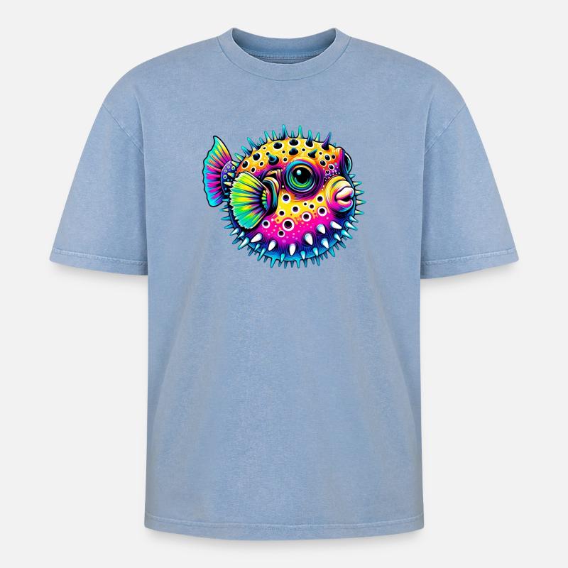 Kugelfisch - Oversized Unisex Premium Acid-Washed T-Shirt - Blau Acid Wash