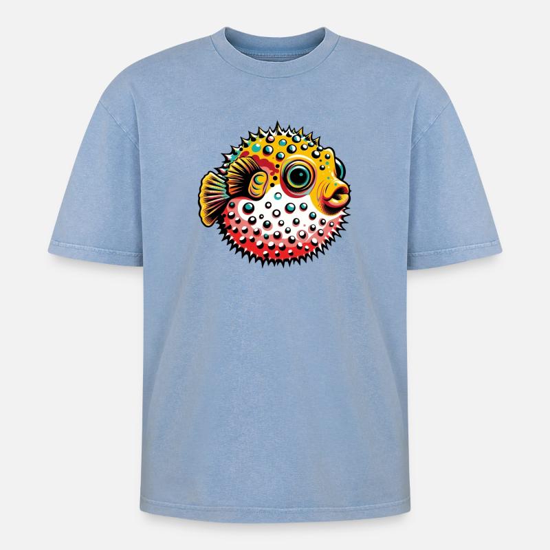 Kugelfisch - Oversized Unisex Premium Acid-Washed T-Shirt - Blau Acid Wash