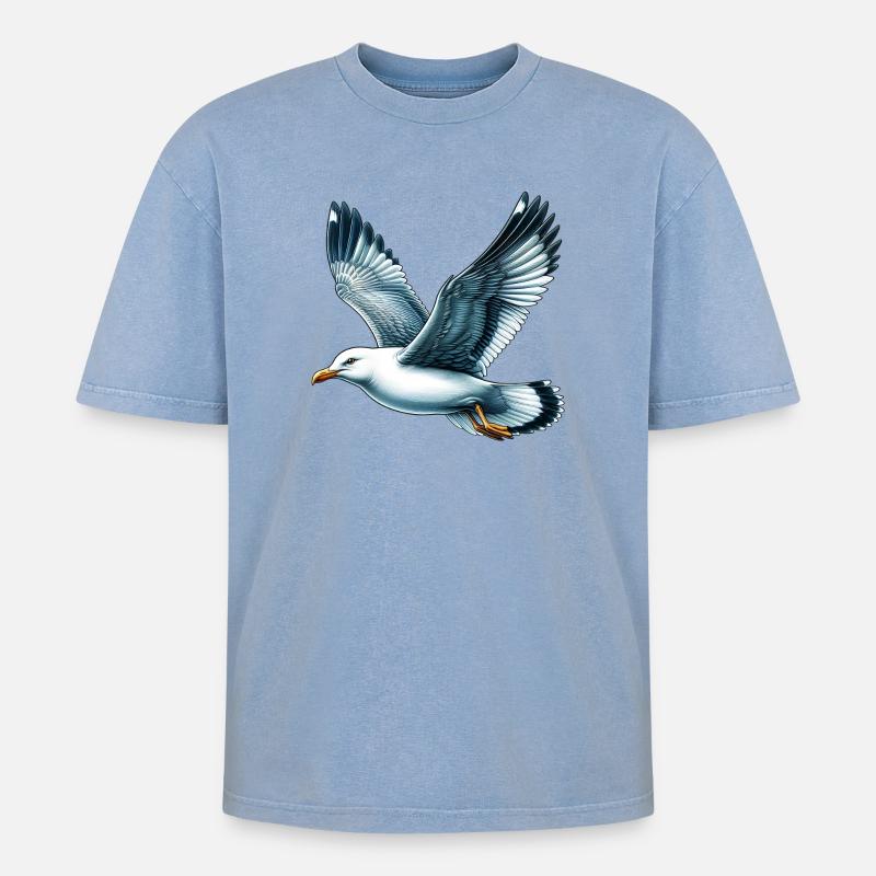 Möwe - Oversized Unisex Premium Acid-Washed T-Shirt - Blau Acid Wash