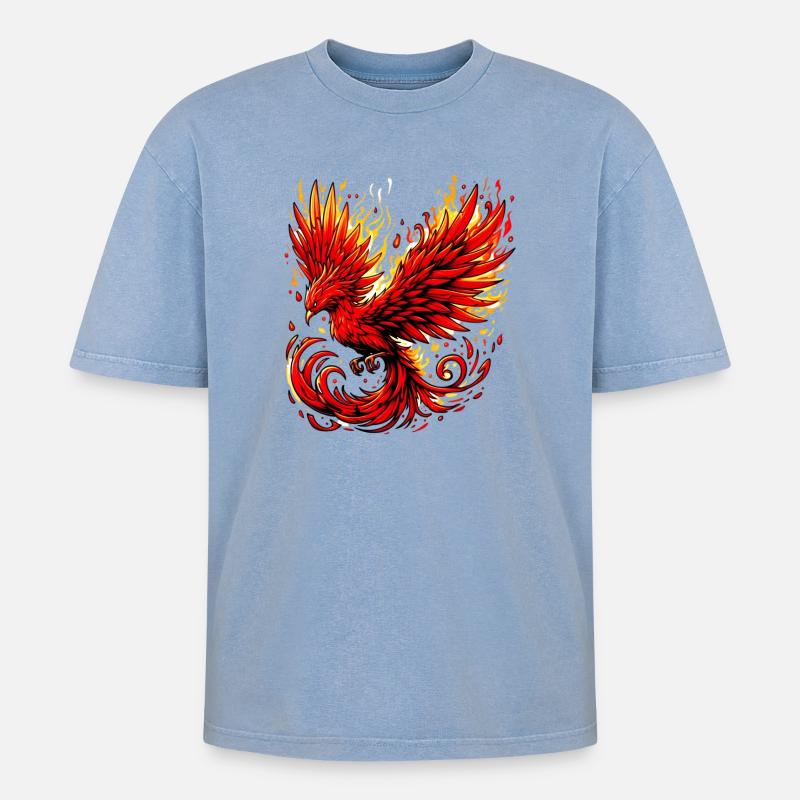 Roter Phönix - Oversized Unisex Premium Acid-Washed T-Shirt - Blau Acid Wash