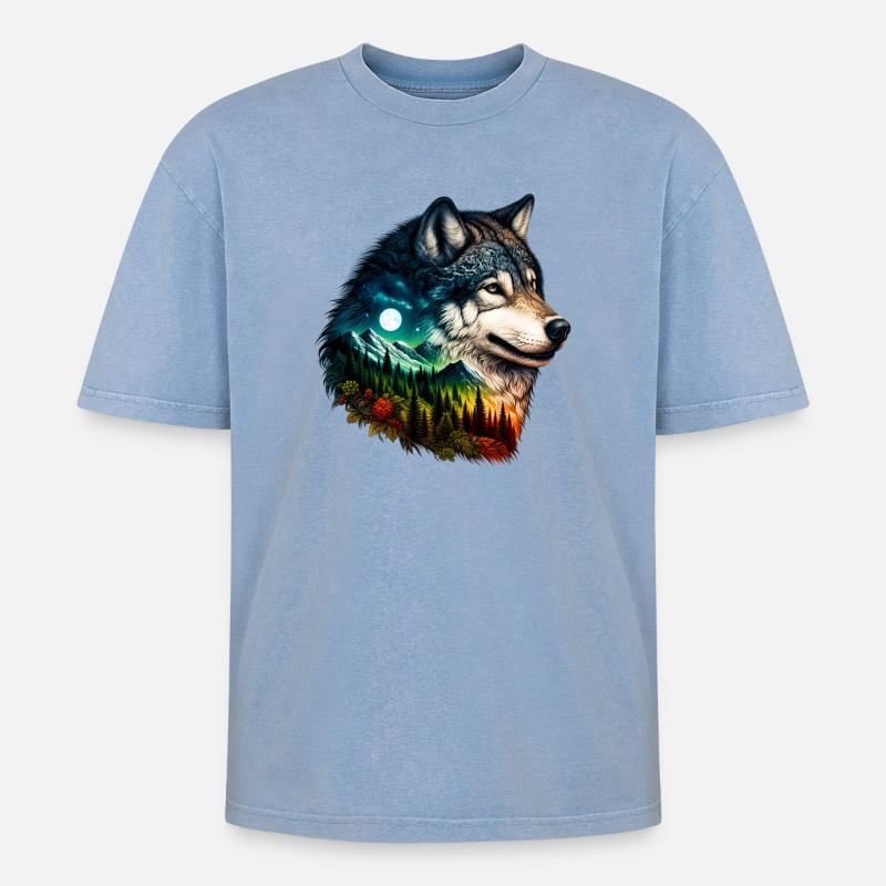 Wolf - Oversized Unisex Premium Acid-Washed T-Shirt - Blau Acid Wash