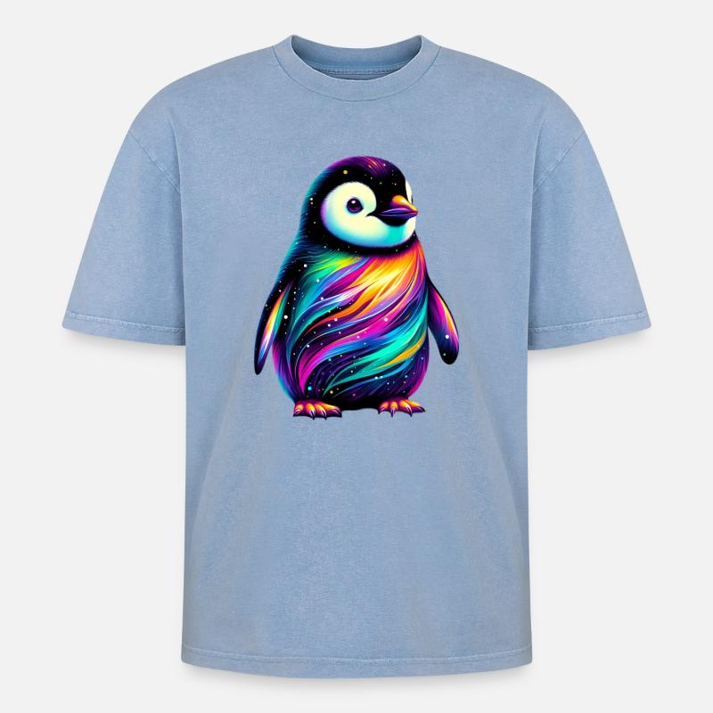 Pinguin - Oversized Unisex Premium Acid-Washed T-Shirt - Blau Acid Wash