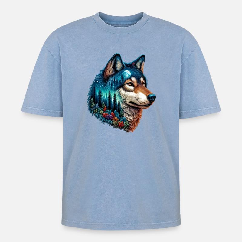 Wolf - Oversized Unisex Premium Acid-Washed T-Shirt - Blau Acid Wash