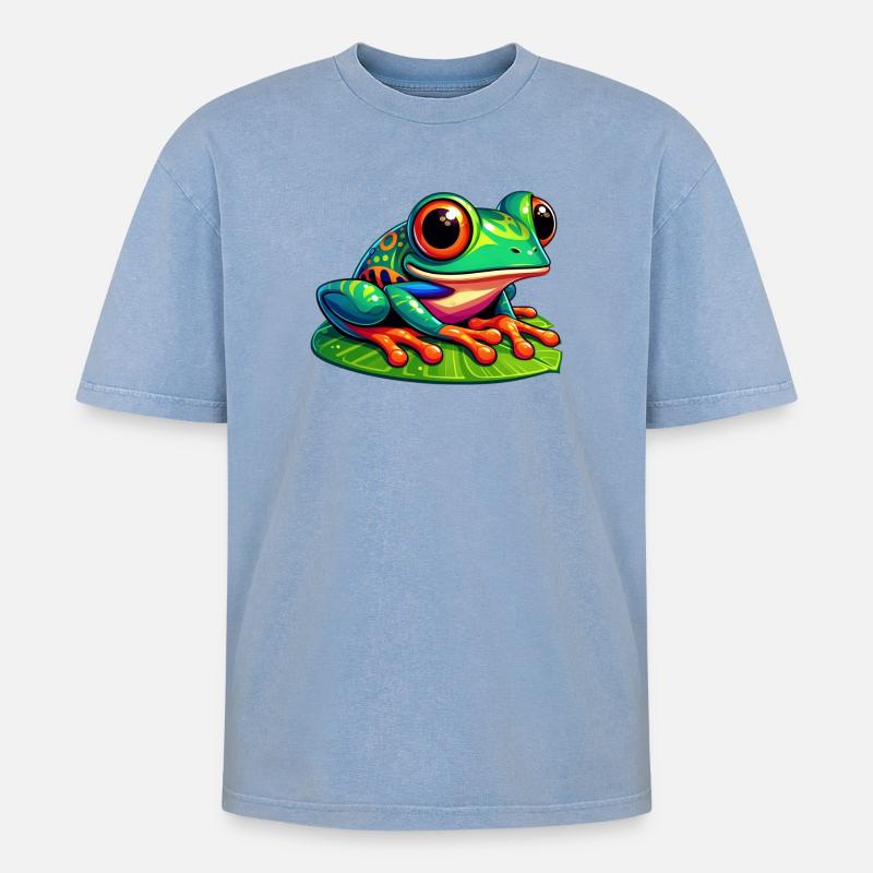 Frosch - Oversized Unisex Premium Acid-Washed T-Shirt - Blau Acid Wash