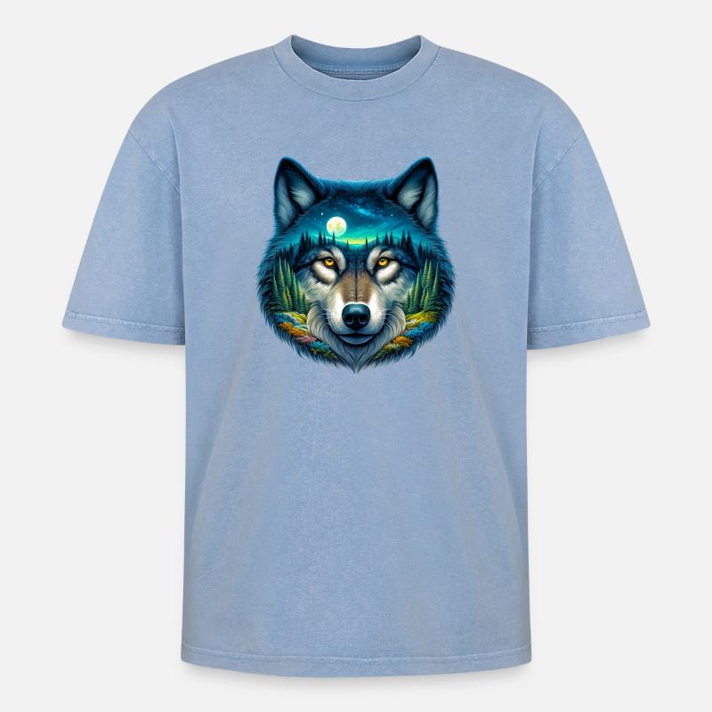 Wolf - Oversized Unisex Premium Acid-Washed T-Shirt - Blau Acid Wash