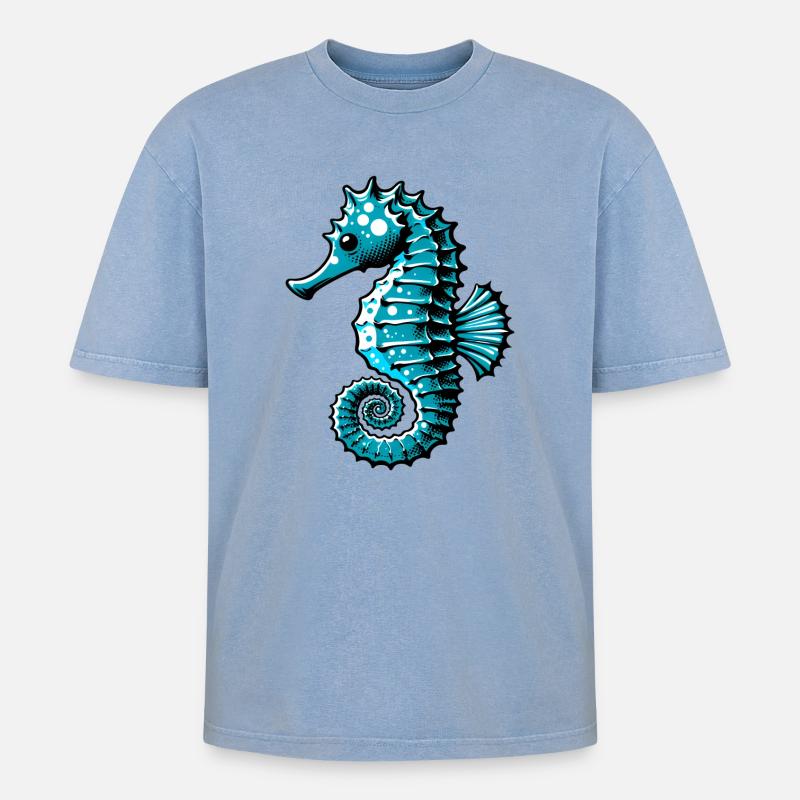 Seepferdchen - Oversized Unisex Premium Acid-Washed T-Shirt - Blau Acid Wash