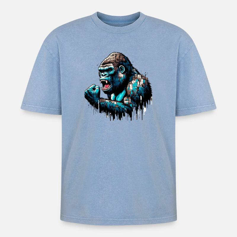 Gorilla - Oversized Unisex Premium Acid-Washed T-Shirt - Blau Acid Wash
