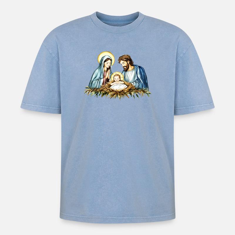Weihnachtspullover Weihnachten an der Krippe Jesus - Oversized Unisex Premium Acid-Washed T-Shirt - Blau Acid Wash