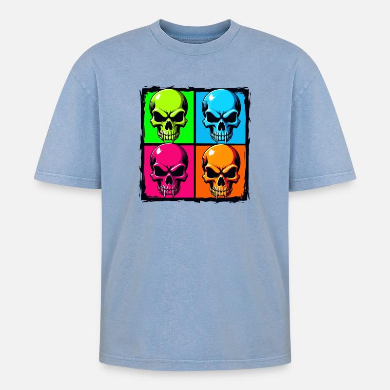 Bunte Totenköpfe - Oversized Unisex Premium Acid-Washed T-Shirt - Blau Acid Wash