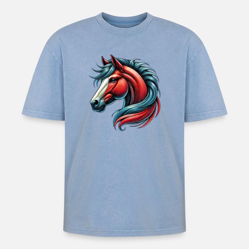 Pferd - Oversized Unisex Premium Acid-Washed T-Shirt - Blau Acid Wash