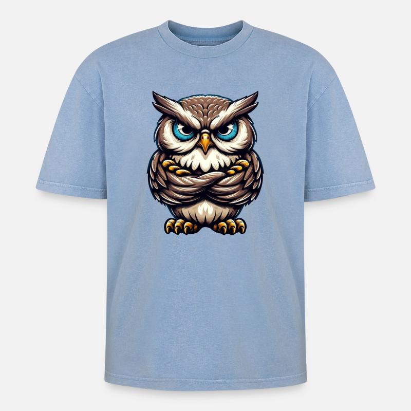 Mürrische Eule - Oversized Unisex Premium Acid-Washed T-Shirt - Blau Acid Wash