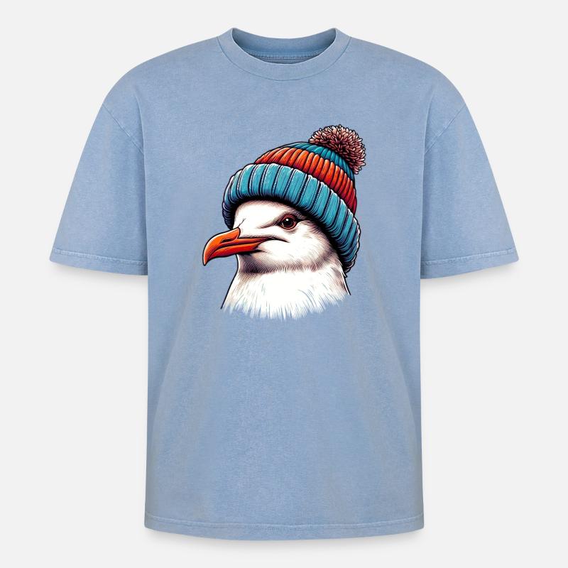 Möwe - Oversized Unisex Premium Acid-Washed T-Shirt - Blau Acid Wash