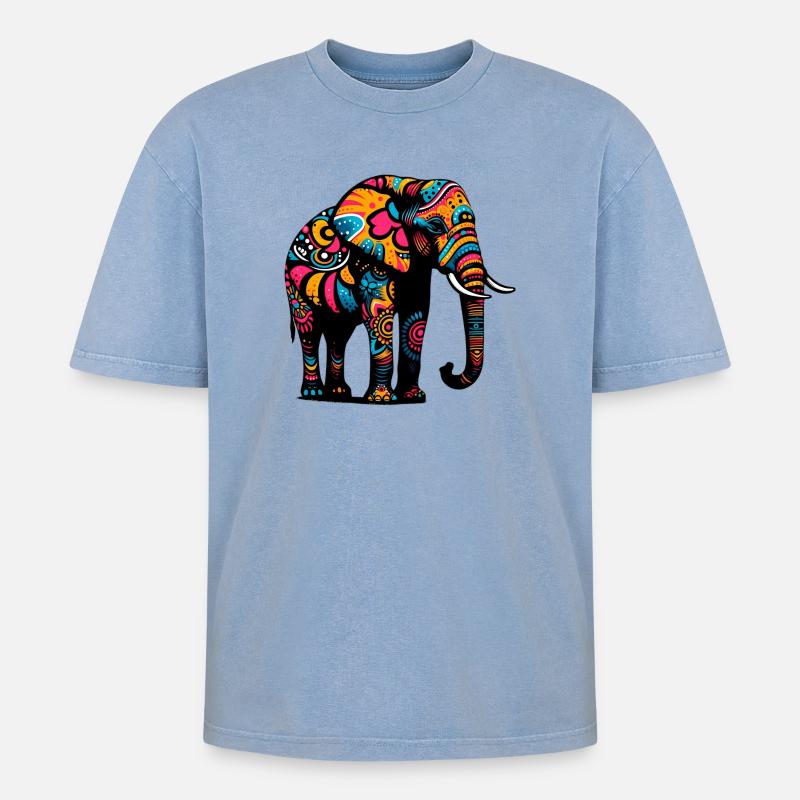 Elefant - Oversized Unisex Premium Acid-Washed T-Shirt - Blau Acid Wash