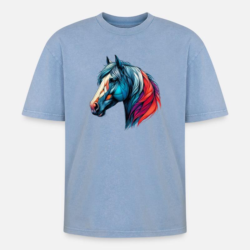 Pferd - Oversized Unisex Premium Acid-Washed T-Shirt - Blau Acid Wash