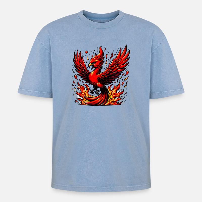 Roter Phönix - Oversized Unisex Premium Acid-Washed T-Shirt - Blau Acid Wash