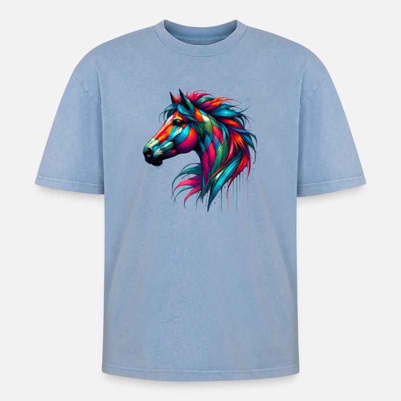Pferd - Oversized Unisex Premium Acid-Washed T-Shirt - Blau Acid Wash