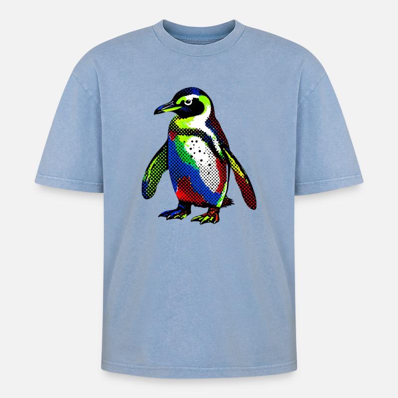 Pinguin - Oversized Unisex Premium Acid-Washed T-Shirt - Blau Acid Wash