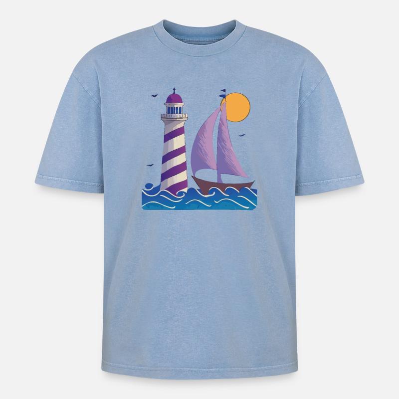 Leuchtturm mit Boot - Oversized Unisex Premium Acid-Washed T-Shirt - Blau Acid Wash