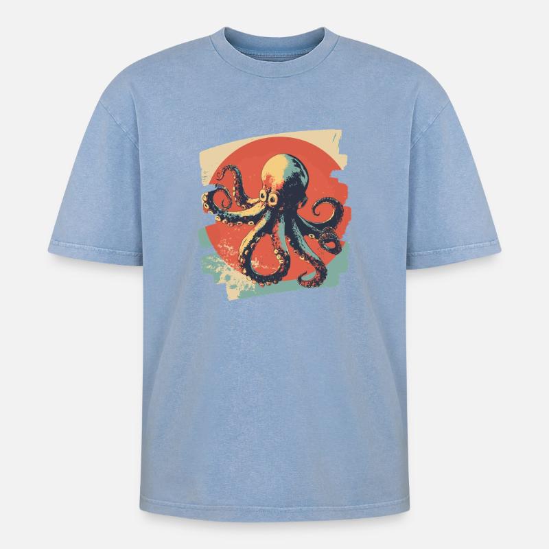 Kraken Oktopus Retro - Oversized Unisex Premium Acid-Washed T-Shirt - Blau Acid Wash