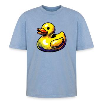 Ente Ente Ente Ente Ente - Oversized Unisex Premium Acid-Washed T-Shirt - Blau Acid Wash - Vorne - AI Model Female 172 dark (172cm) & AI Model Male 185 dark (185cm)
