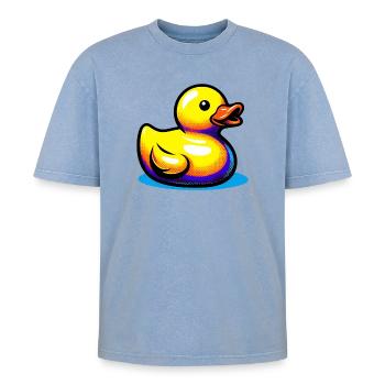 Ente Ente Ente Ente Ente - Oversized Unisex Premium Acid-Washed T-Shirt - Blau Acid Wash - Vorne - AI Model Female 172 dark (172cm) & AI Model Male 185 dark (185cm)