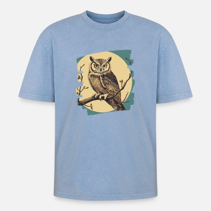 Eule Retro - Oversized Unisex Premium Acid-Washed T-Shirt - Blau Acid Wash