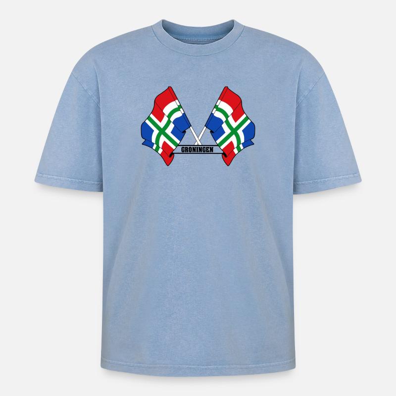 Deux drapeaux texte GRONINGEN - T-shirt Premium unisexe oversize acid-washed - bleu délavé acide