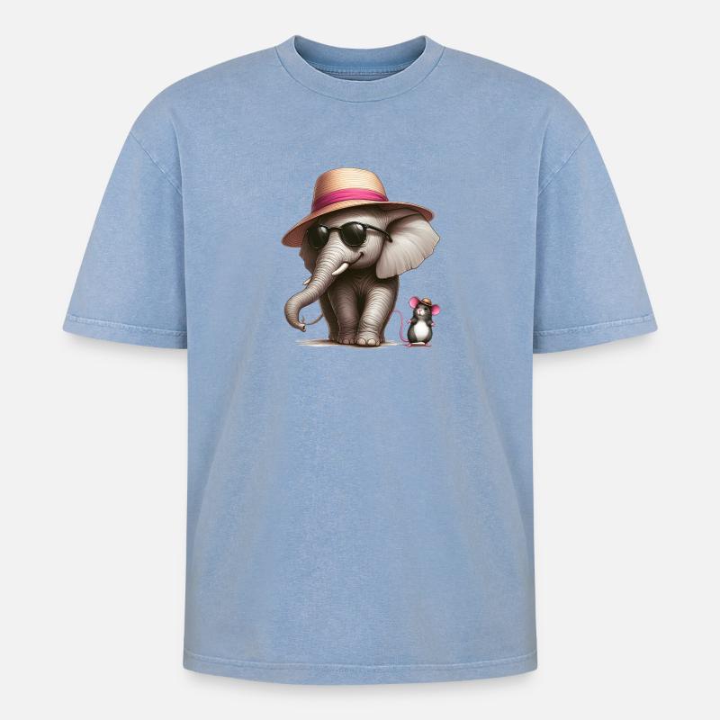 Elefant mit Maus - Oversized Unisex Premium Acid-Washed T-Shirt - Blau Acid Wash