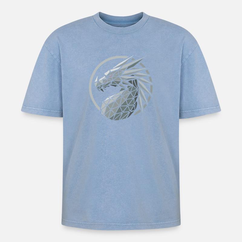 Blaue Polygone Drachenkopf - Oversized Unisex Premium Acid-Washed T-Shirt - Blau Acid Wash