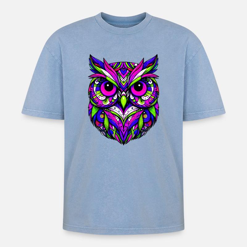 Eule - Oversized Unisex Premium Acid-Washed T-Shirt - Blau Acid Wash