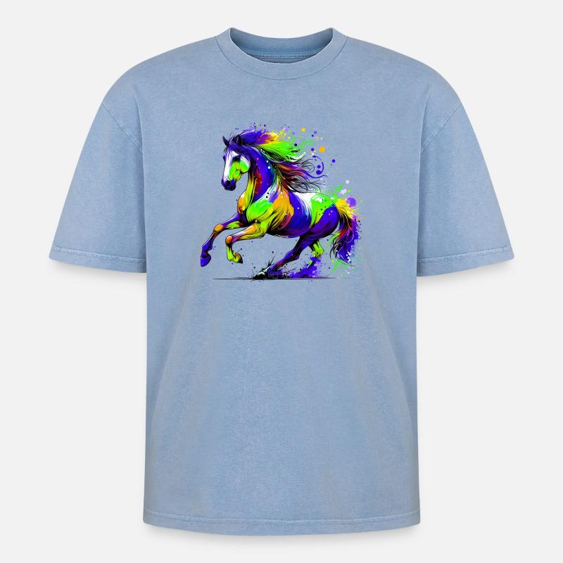 Pferd - Oversized Unisex Premium Acid-Washed T-Shirt - Blau Acid Wash