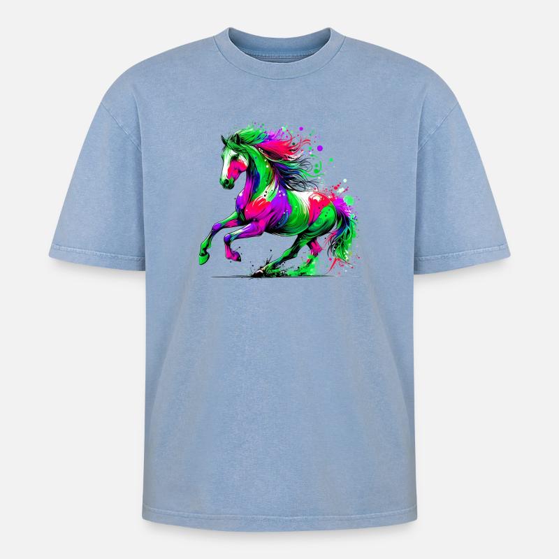 Pferd - Oversized Unisex Premium Acid-Washed T-Shirt - Blau Acid Wash