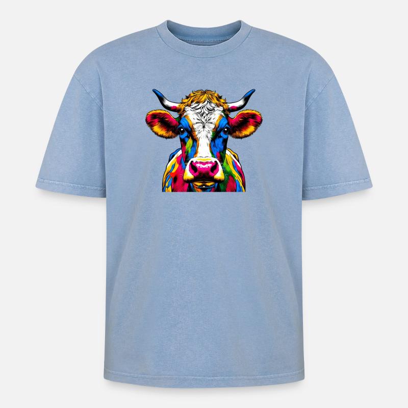 Kuh - Oversized Unisex Premium Acid-Washed T-Shirt - Blau Acid Wash