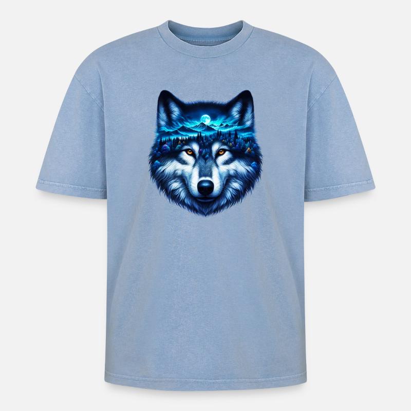 Wolf - Oversized Unisex Premium Acid-Washed T-Shirt - Blau Acid Wash
