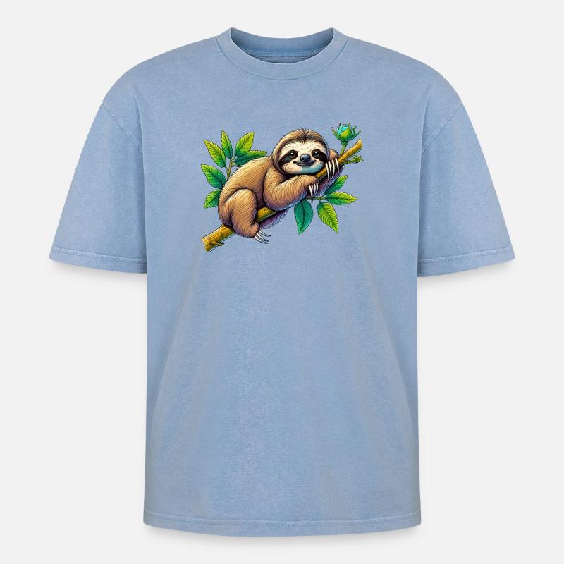 Faultier - Oversized Unisex Premium Acid-Washed T-Shirt - Blau Acid Wash