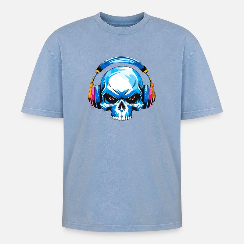 Skull mit kopfhörer - Oversized Unisex Premium Acid-Washed T-Shirt - Blau Acid Wash