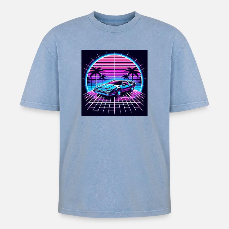 80s Synthwave – Neon Dream Car - Oversized Unisex Premium Acid-Washed T-Shirt - Blau Acid Wash