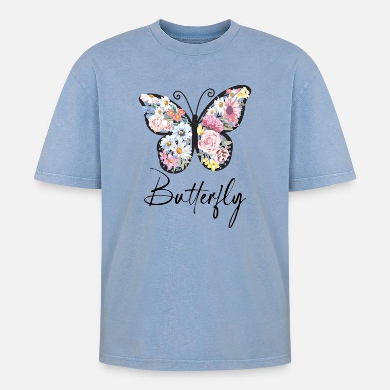 Ailes de Fleur Fleur Papillon - T-shirt Premium unisexe oversize acid-washed - bleu délavé acide