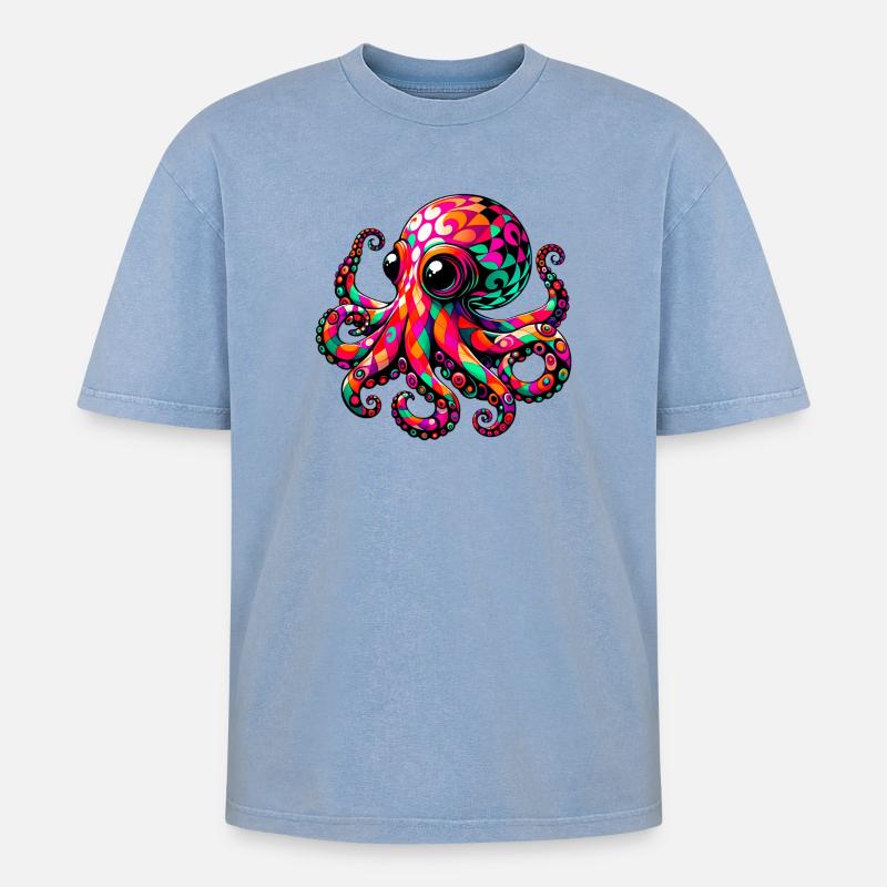 Krake - Oversized Unisex Premium Acid-Washed T-Shirt - Blau Acid Wash