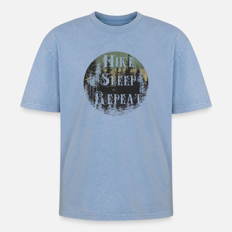 Make Sleep Repeat – Waldsilhouette Rund - Oversized Unisex Premium Acid-Washed T-Shirt - Blau Acid Wash