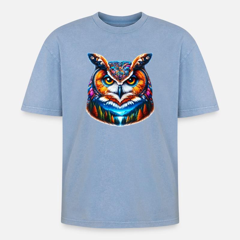 Eule - Oversized Unisex Premium Acid-Washed T-Shirt - Blau Acid Wash