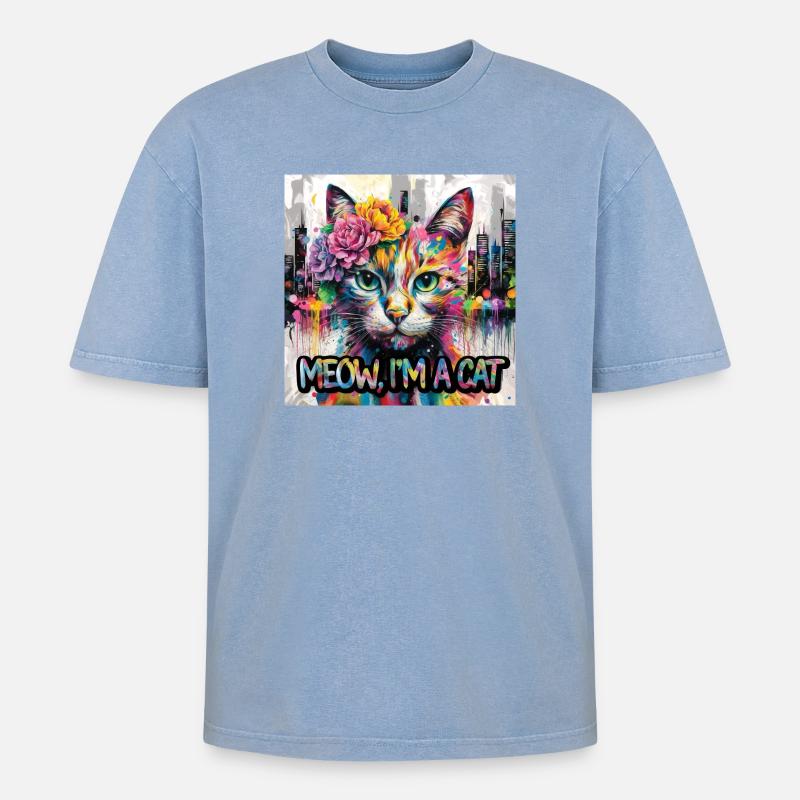 Kunstvolle Katze Version 2 - Oversized Unisex Premium Acid-Washed T-Shirt - Blau Acid Wash