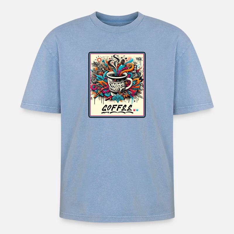 Kaffee Graffiti Explosion - Oversized Unisex Premium Acid-Washed T-Shirt - Blau Acid Wash