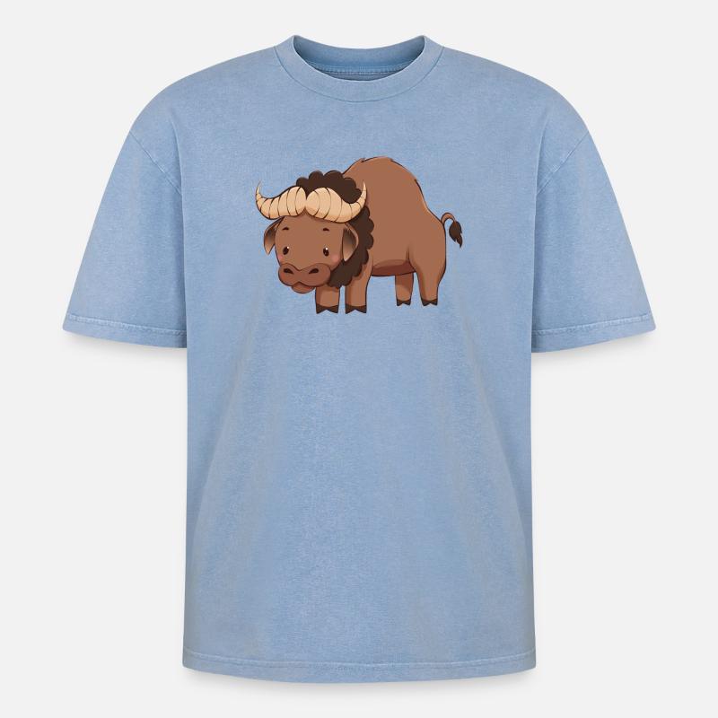 Büffel - Oversized Unisex Premium Acid-Washed T-Shirt - Blau Acid Wash