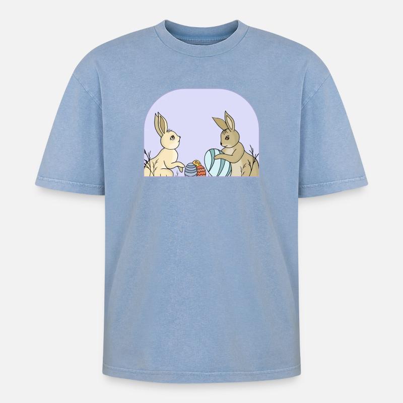 Süße Hasen mit Eiern - Oversized Unisex Premium Acid-Washed T-Shirt - Blau Acid Wash