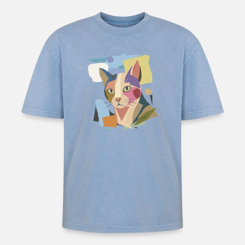 Abstrakte Katze im modernen Farbblock-Design - Oversized Unisex Premium Acid-Washed T-Shirt - Blau Acid Wash