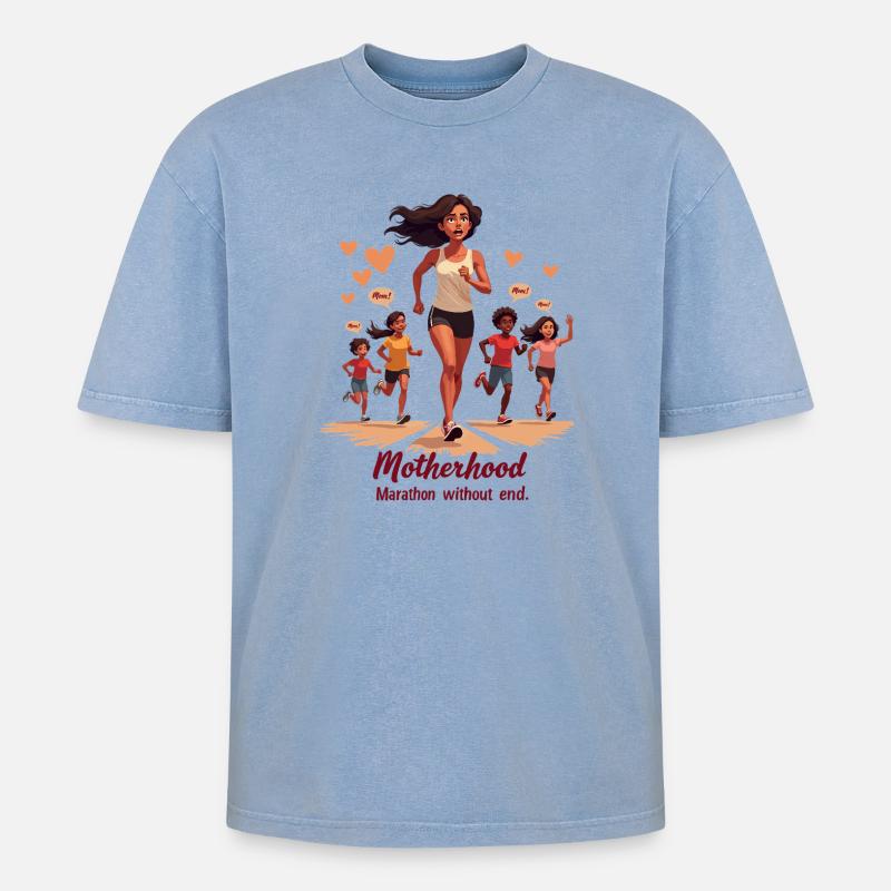 Muttersein: Marathon ohne Ende. - Oversized Unisex Premium Acid-Washed T-Shirt - Blau Acid Wash